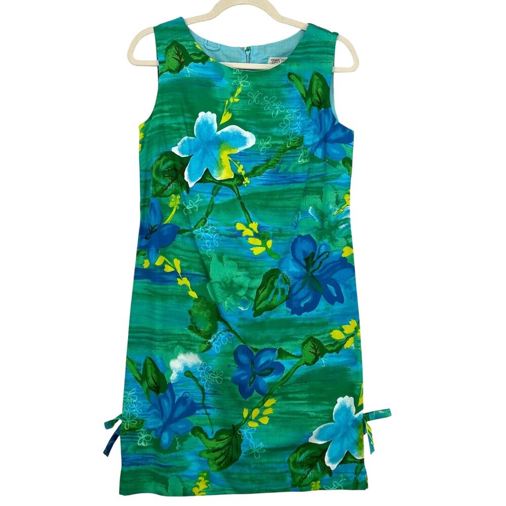 Screen Printed Women Vintage 10 Shift Dress Green Blue Floral Tropical Side Tie